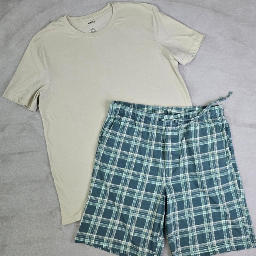 Sonoma Mens Lounge Pajama Set Tan T-Shirt L Green Plaid Shorts M Loungewear